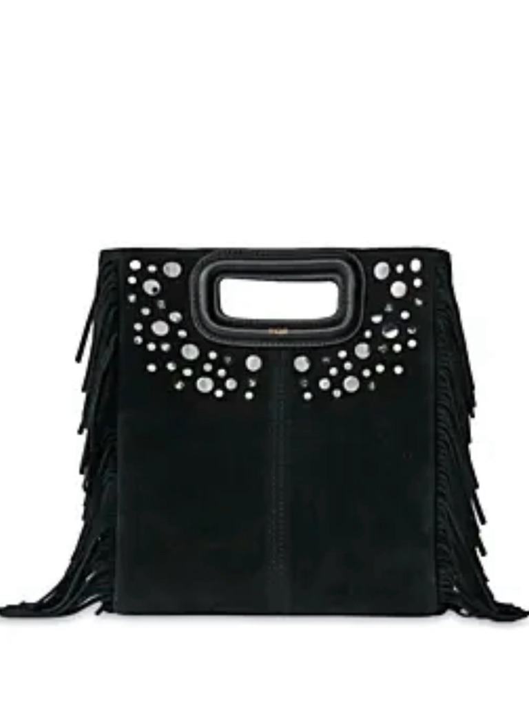 Maje M Studded Fringed Suede Shoulder Bag In Black Tote